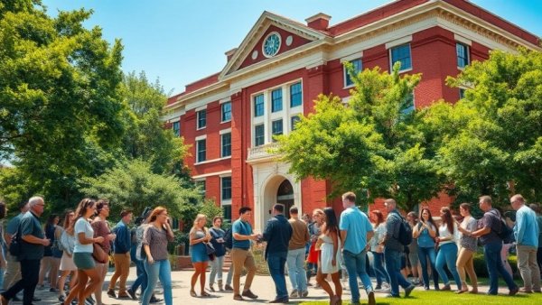Students gathered at historic university campus on sunny day.