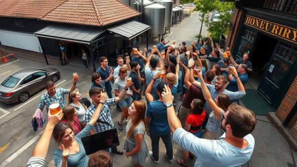 Aerial view of people in line outside Michigan brewery setting world record.