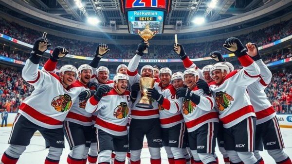 NCAA men's hockey champions team celebrating victory on ice