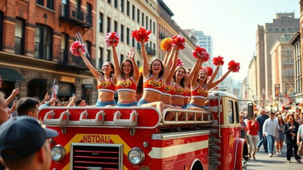Michigan Wolverines fans and cheerleaders celebrating in a parade.