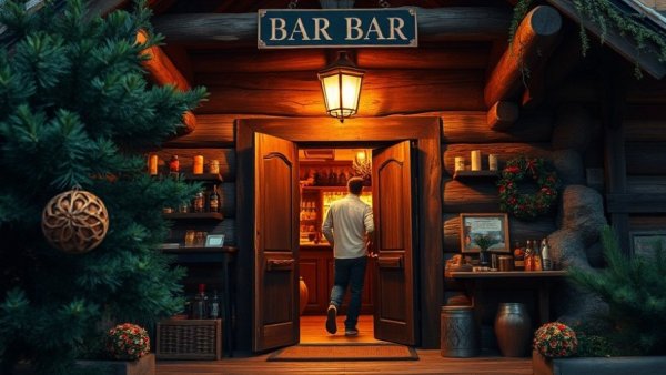 Cozy log cabin bar entrance in Michigan's best burger place
