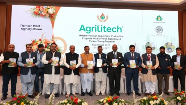 Agritech meet in Rajasthan with officials on stage holding brochures.