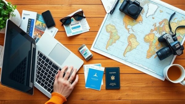 Travel-themed workspace with hands on laptop for side hustle inspiration