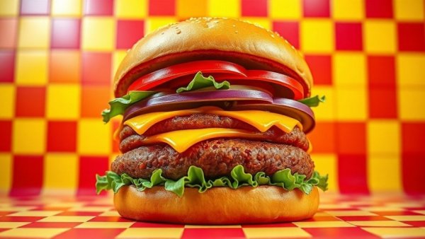 Cartoon cheeseburger on colorful background, Michigan best burger.