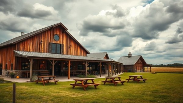 Rustic barn-like Michigan family restaurant with picnic tables.