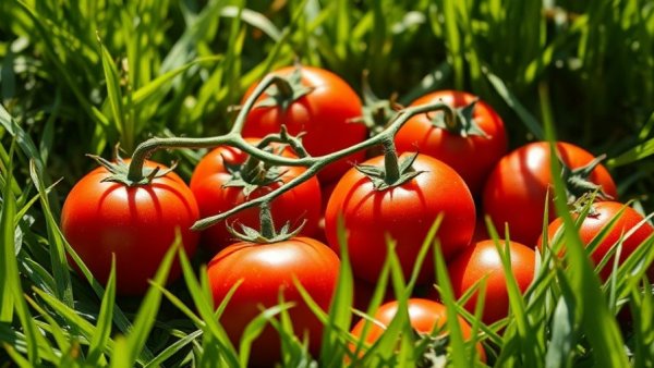 Freshly harvested ripe tomatoes on grass; specialty crops acreage reporting.