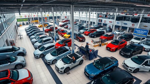 Expansive car showroom with various brands on display, related to Group 1 Automotive stock analysis.