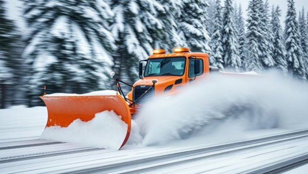 Efficient snow plow clearing a snowy road in Muskegon forest.