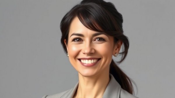 Professional woman in neutral setting, smiling, related to rental property oversight services.