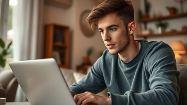 Young adult using laptop at home, reflecting shifting tenant expectations.