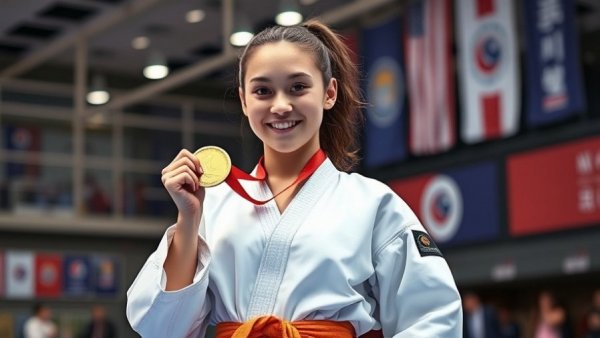Champion displays medal at karate event, highlighting Gurnee karate lessons.