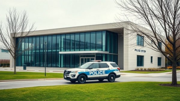 Police SUV parked outside modern building.