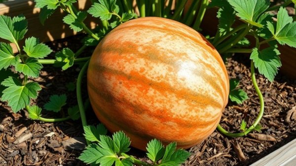 Thriving watermelon plant in raised bed garden under sunlight.