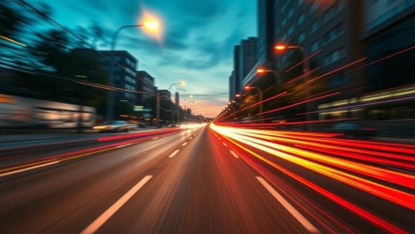 Dynamic light trails on Michigan road at twilight.