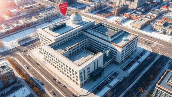 Aerial view of urban hospital complex for Michigan transportation construction updates.