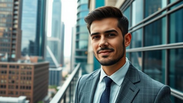 Professional man on balcony with modern buildings, Digital Rights Management in Real Estate