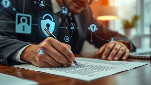 Businessman signing documents with cybersecurity icons, representing real estate fraud losses.