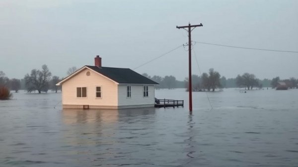Flood aftermath with submerged house in Michigan, calm water.