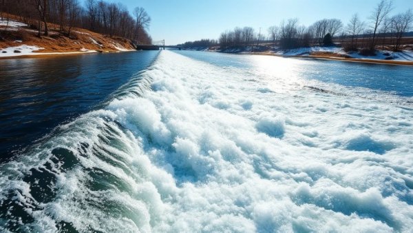 Floodgate with rushing water reflecting sunlight in Michigan.