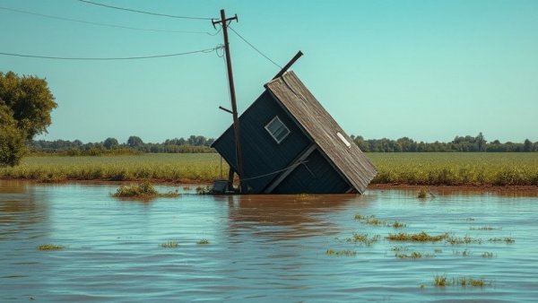 Michigan flood with submerged house and utility pole in water.