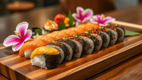 Gourmet sushi on a wooden tray with orchids, Detroit Michelin Guide dining.