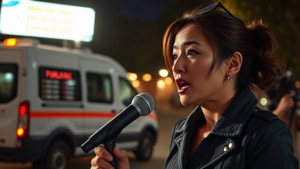 Reporter discusses Michigan Mobile Market schedule at night.