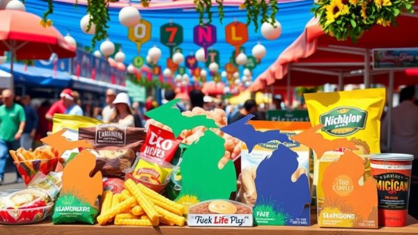 Vibrant Michigan food festival display with colorful packaging.