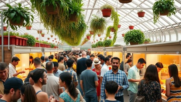 Michigan-made food samples event with people in a greenhouse.