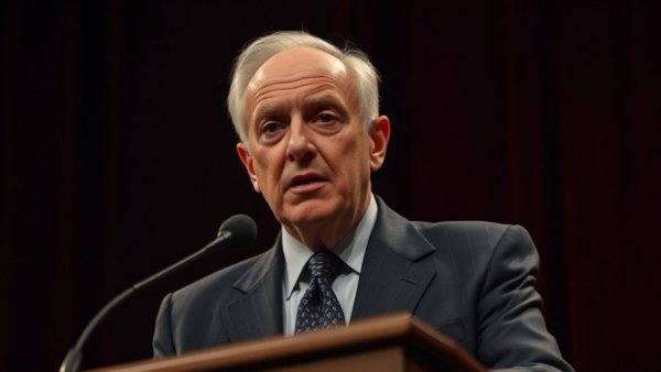 Serious older man in suit discusses a topic at a podium.