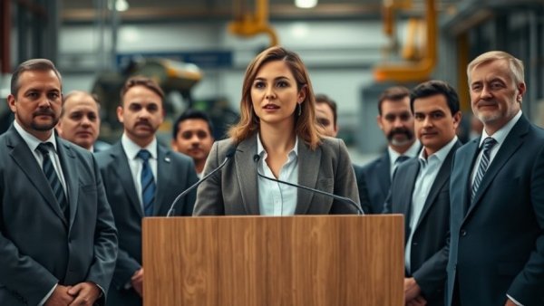 Confident woman speaking at Michigan agriculture conference.