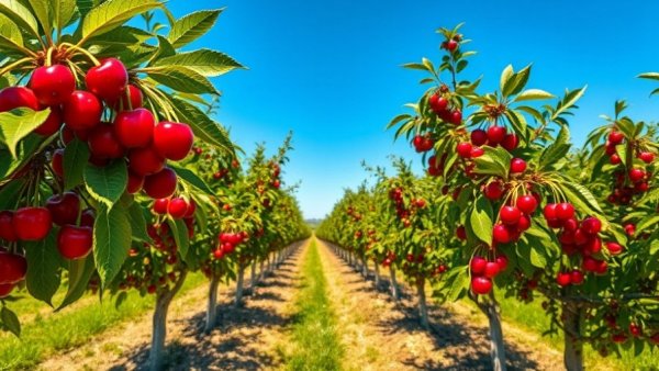 Cherry orchard in Michigan showcasing vibrant agriculture under blue sky.