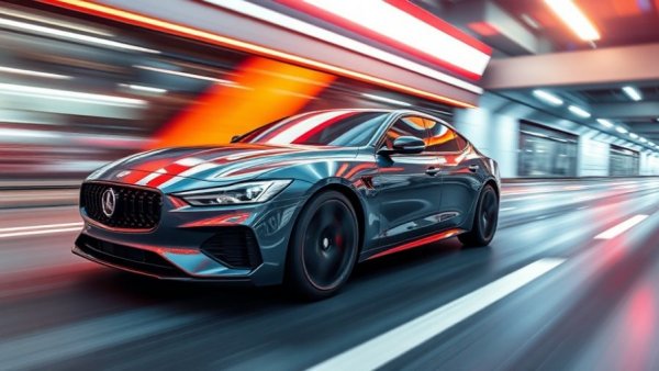 Modern car speeding with futuristic backdrop, showcasing automotive trends 2026 Michigan.