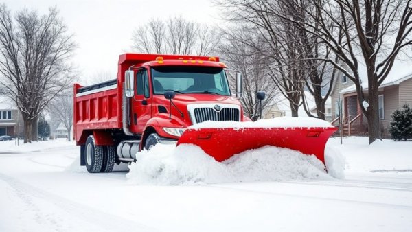 Snow removal truck clearing a snowy street in Muskegon suburb.