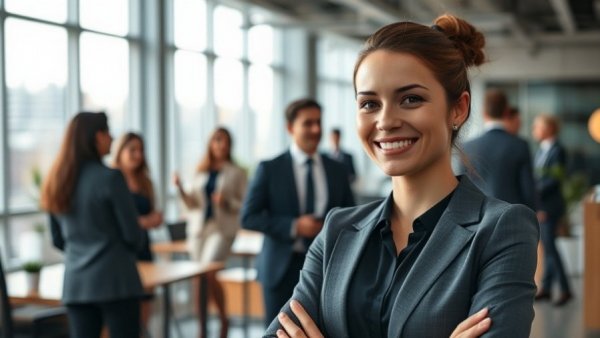 Businesswoman smiling confidently with colleagues in office, vet international real estate partners.
