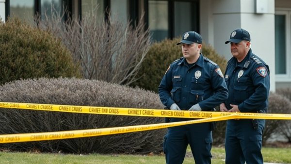 Police officers securing a scene in Detroit for local news coverage.
