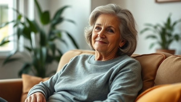 Relaxed woman indoors with soft background lighting.