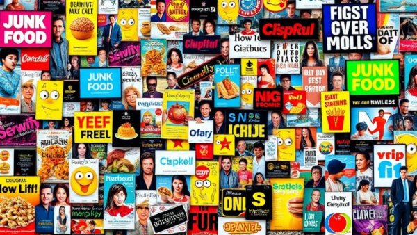 Collage illustrating ban on online junk food marketing.