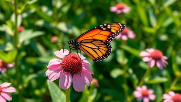 Bright monarch butterfly on milkweed flowers in a sunny garden.