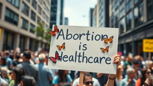 Protest sign reading 'Abortion is Healthcare', butterflies, urban setting.
