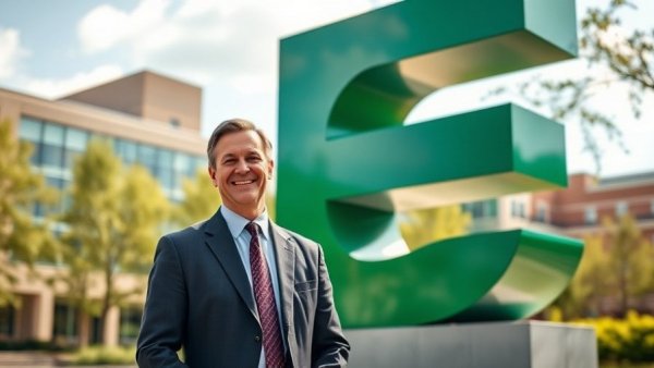 Businessman standing near sculpture on a sunny day with buildings in background.