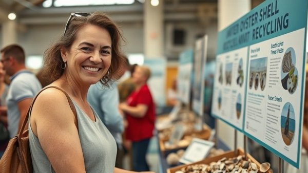 Woman at oyster recycling event relating to marine real estate.