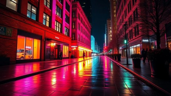 Vibrant Michigan cityscape with colorful neon-lit walkway.