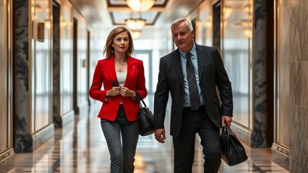 Business attire in courthouse hallway, Michigan tabulator tampering trial delayed.