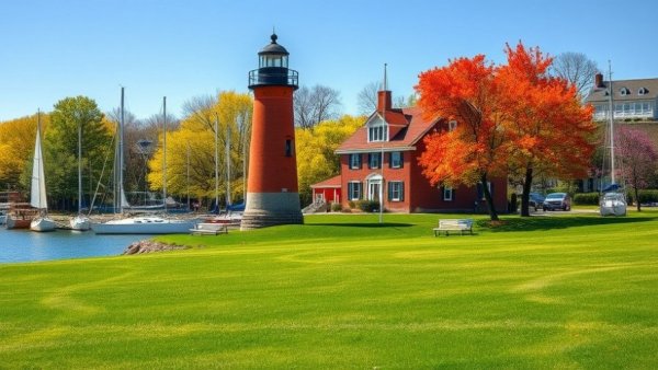 Sanilac County Historic Village lighthouse and boats, scenic view.