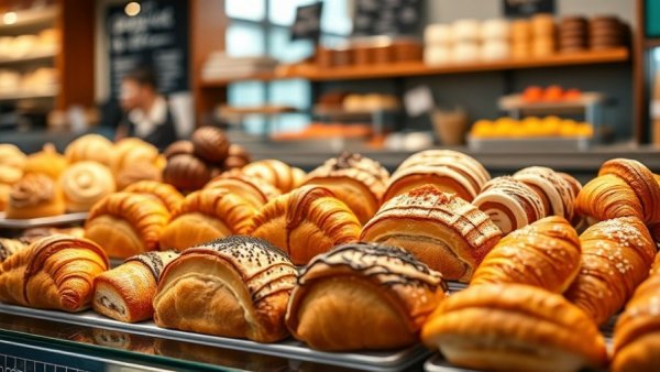 Elegant display of pastries at Tous Les Jours Bakery in Michigan.