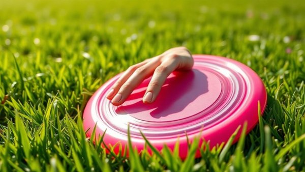 Close-up of hand picking frisbee from green grass.