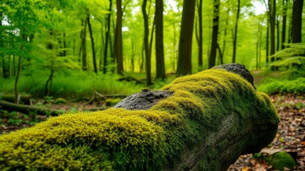 Serene Michigan forest with a fallen moss-covered log and vibrant trees.