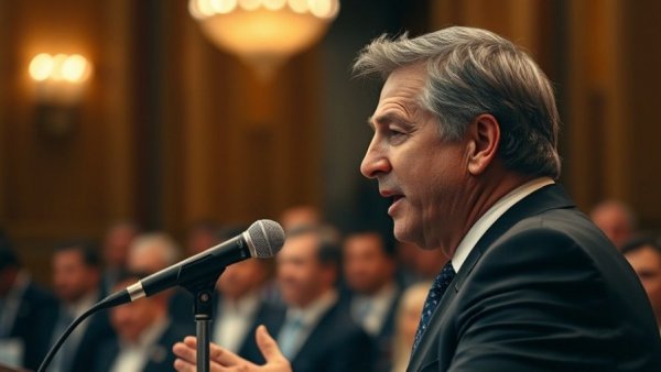 Mature man speaking at a formal event, representing authority.