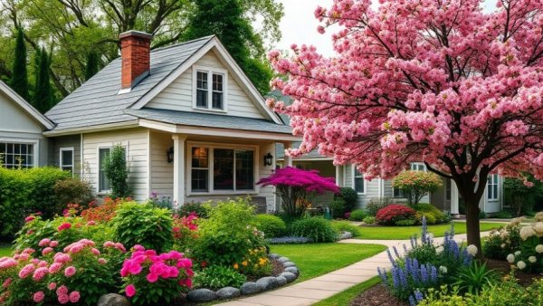 Charming house with vibrant garden, highlighting fertilizer shortage impact on lawn care.
