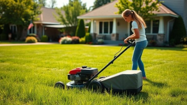 Young woman using gas lawn mower in large yard.